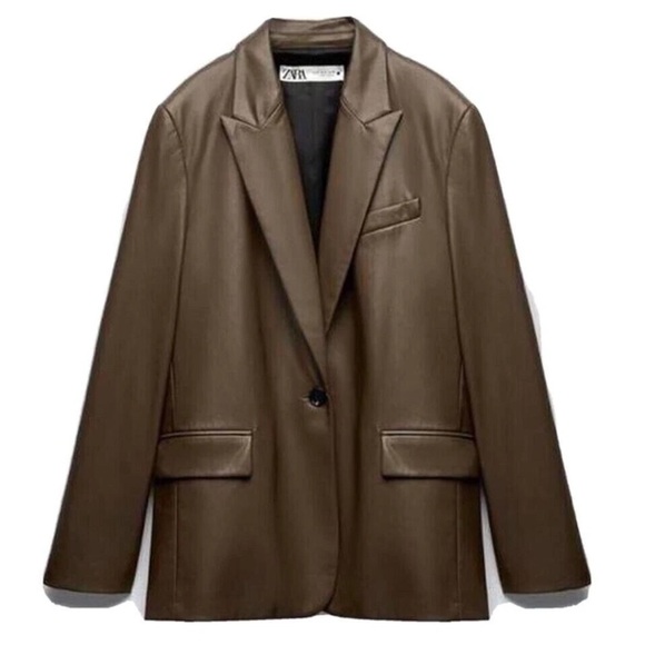 NWT ZARA Faux Leather Blazer M Chocolate Brown Blogger Favourite - Picture 2 of 16